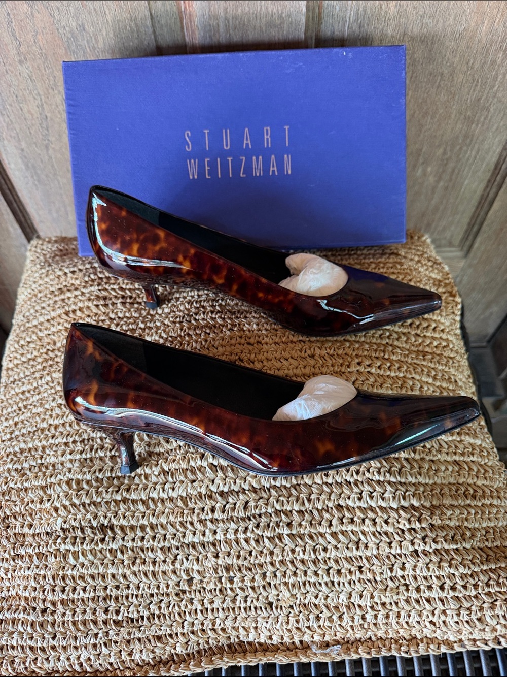Stuart Weitzman Women’s Brown Tortoise Patent Kitten Heel Pumps